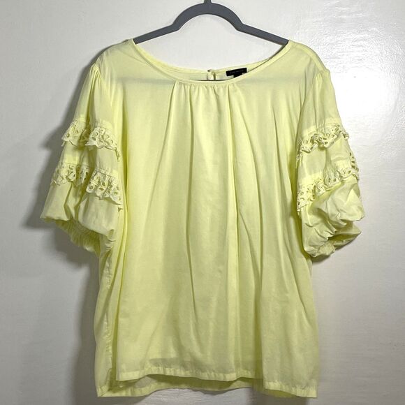 Ann Taylor Pastel Yellow Blouse Top XXL Ruffled Sleeves Crew Neck Cotton Blend - Picture 2 of 10